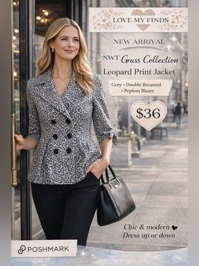 NWT Grass Collection Leopard Print Jacket Grey Double Breasted Peplum Blazer M